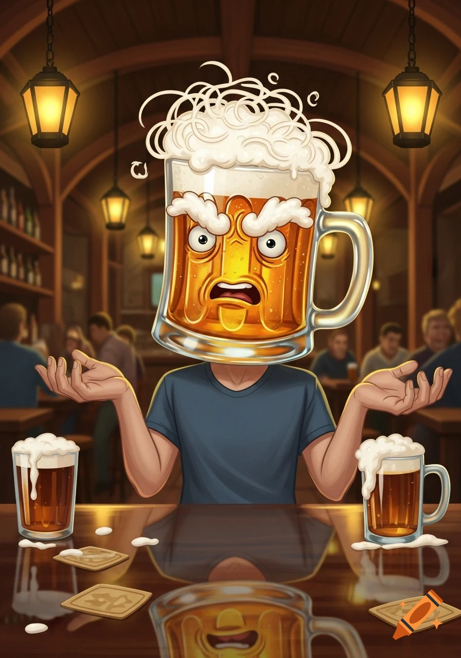 Cartoon illustration of a person with a frothy beer mug head and a frazzled expression, shrugging in a dimly lit pub.