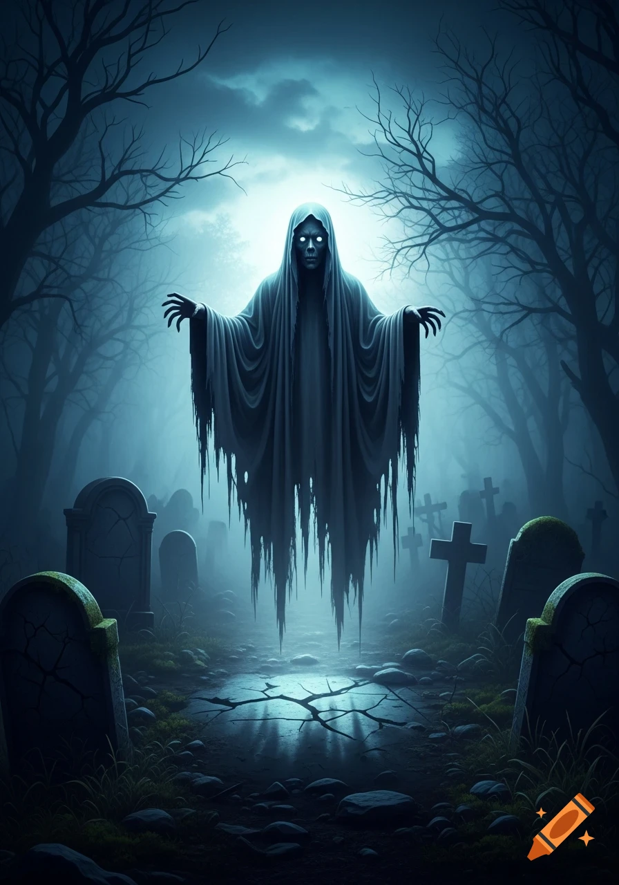 A spectral ghost with glowing eyes hovers over a cracked path in a misty, moonlit graveyard filled with bare trees and tombstones.