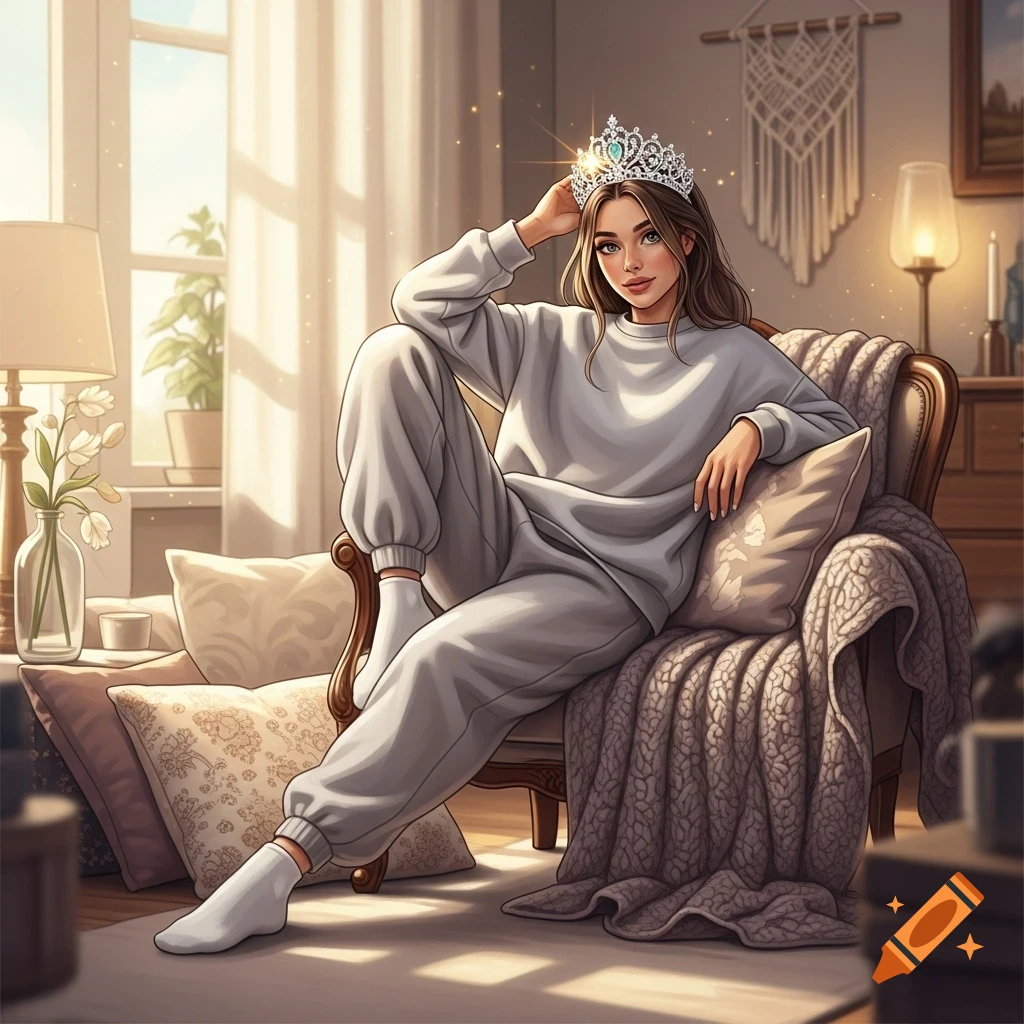 Illustration of a woman in comfy grey sweats and a sparkling tiara, relaxing in a cozy, sunlit room.