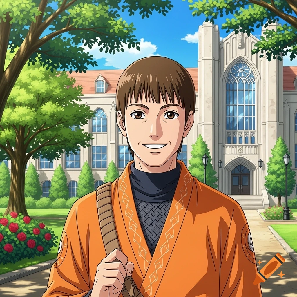 A happy anime man with brown hair and an orange ninja outfit stands smiling in front of a university building on a sunny day.