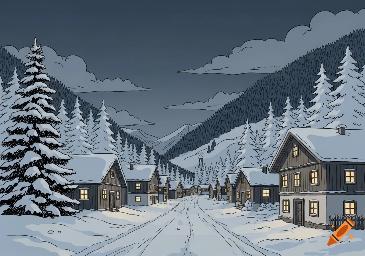 Hand-drawn illustration of a snow-covered mountain village at night, surrounded by a dense pine forest, with warm lights from windows.