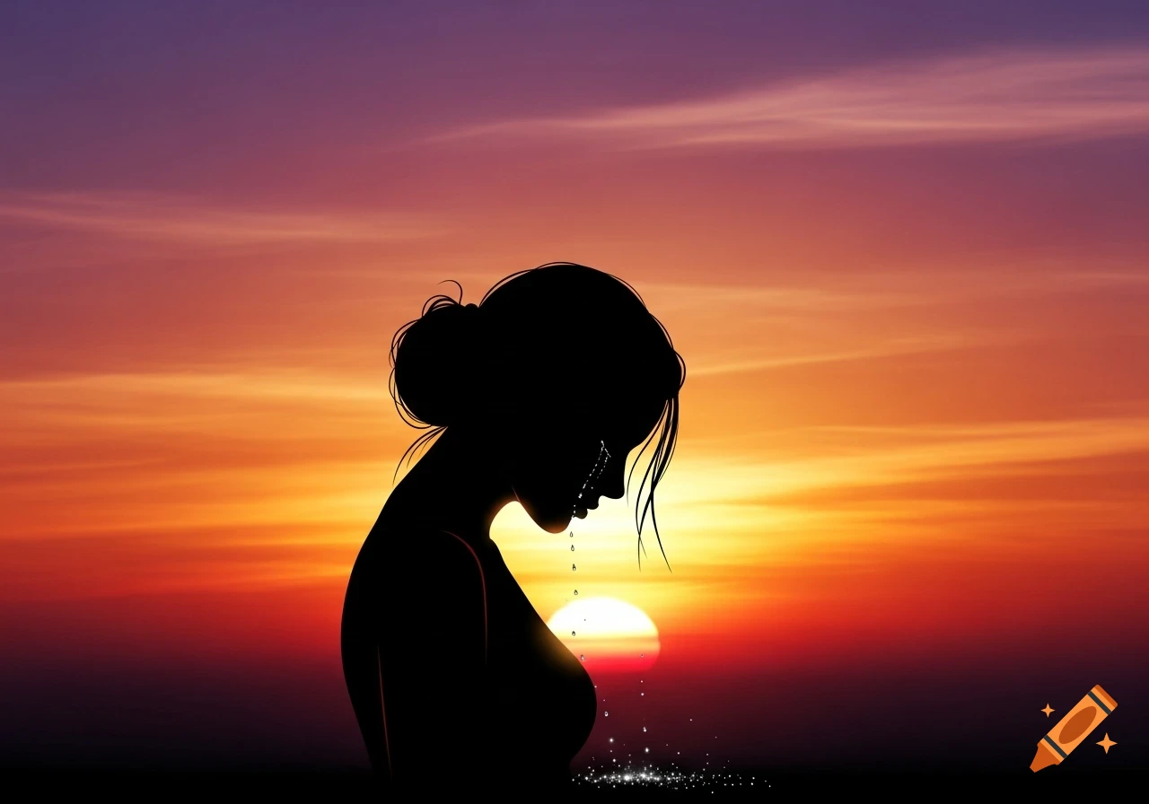 Black silhouette of a crying woman with a bun against a vibrant orange and purple sunset, with sparkling tears.