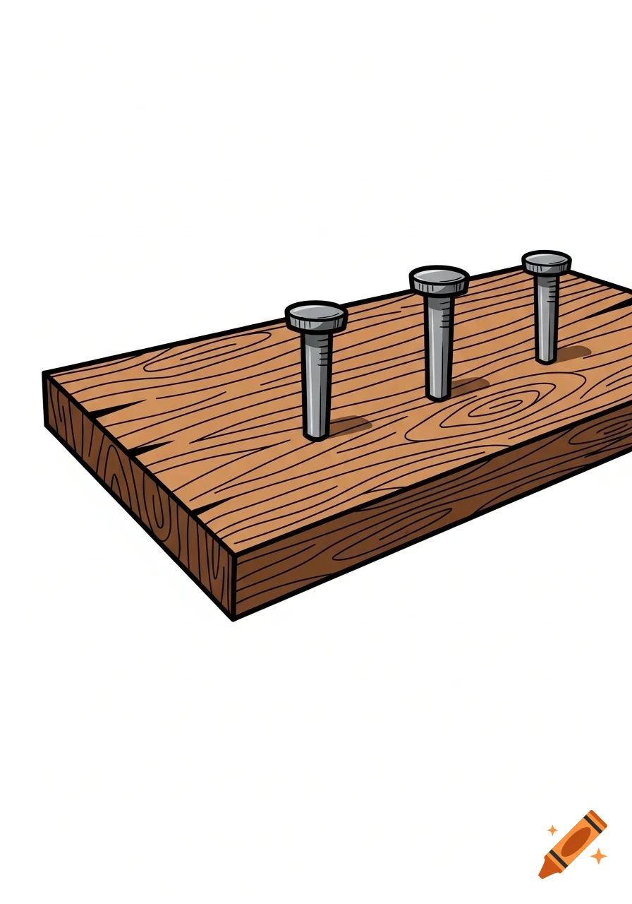 A cartoon-style illustration of a brown wooden board with three gray nails hammered into it, against a white background.