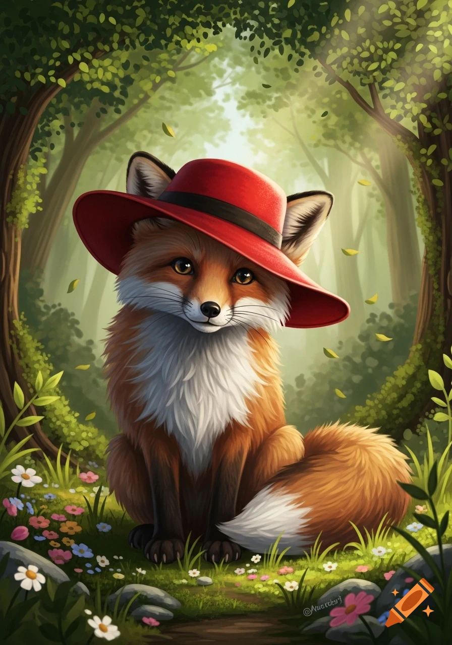 A cute, stylized fox wearing a red hat sits in a vibrant, lush forest filled with flowers.