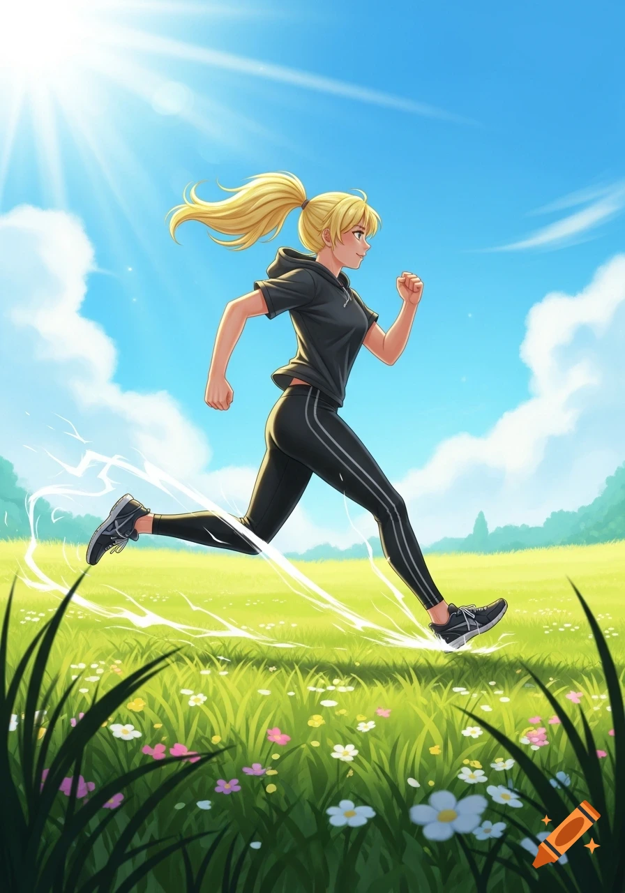 Anime girl with blonde ponytail running in a sunny green field with flowers.