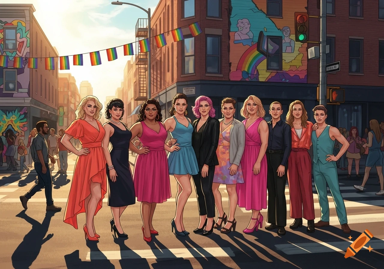 Group of transwomen standing in a diverse city street adorned with rainbow flags, under bright sunlight.