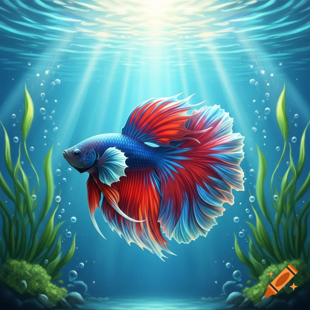 A vibrant red and blue betta fish with flowing fins swims in clear blue water, illuminated by sun rays and surrounded by green aquatic plants.