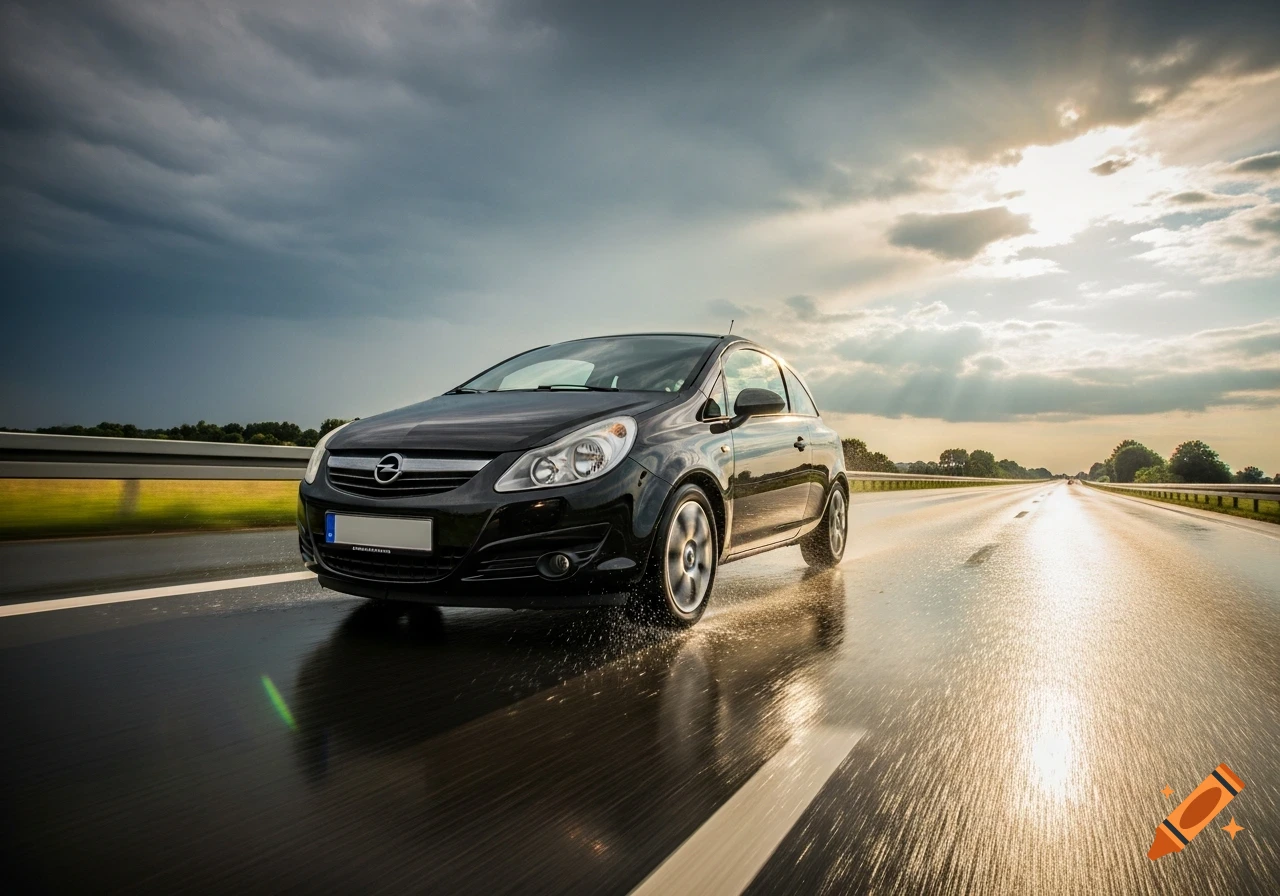 A black Opel Corsa drives on a wet highway under a dramatic cloudy sky with sunbeams breaking through.