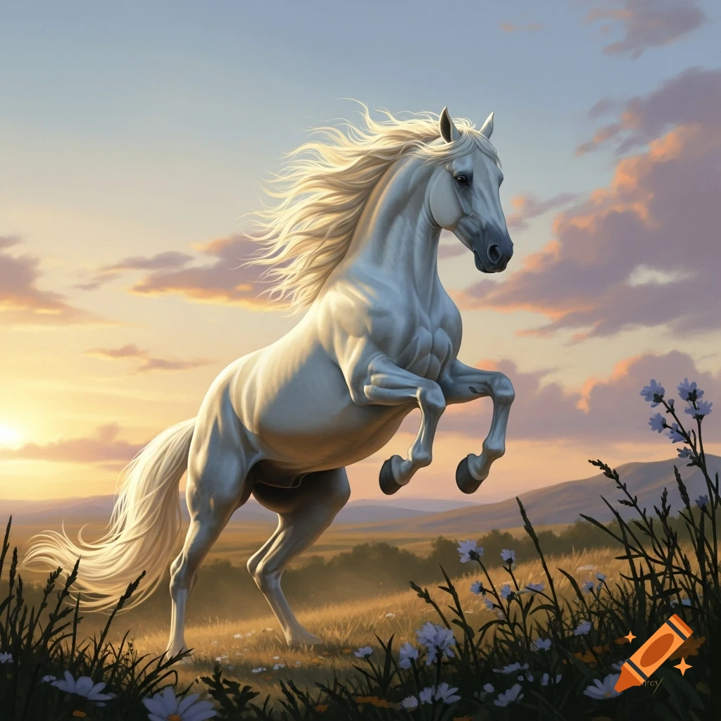 A majestic white horse rears in a golden field with flowers under a ...