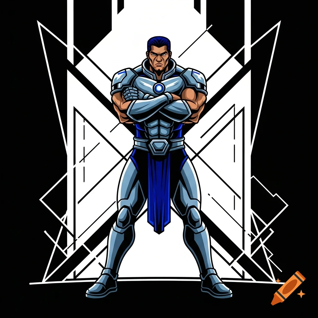 A muscular man in silver and blue futuristic armor with arms crossed, in a graphic art style, against a black background with white geometric lines.