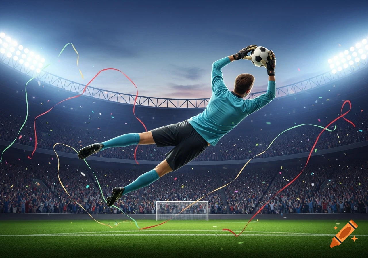 A soccer goalkeeper in a blue uniform dives to save a ball in a brightly lit stadium with a cheering crowd and colorful streamers.