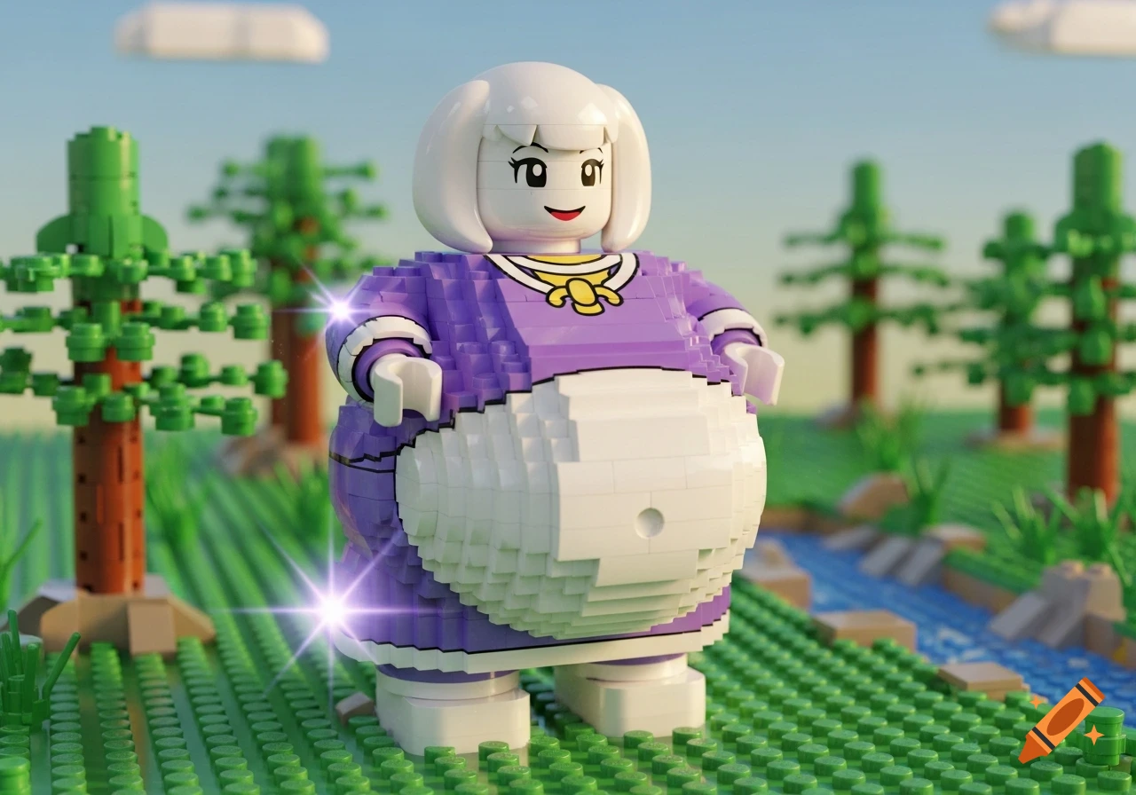 An inflated Lego minifigure of Toriel from Undertale with a large belly stands in a green Lego landscape with trees and a river.