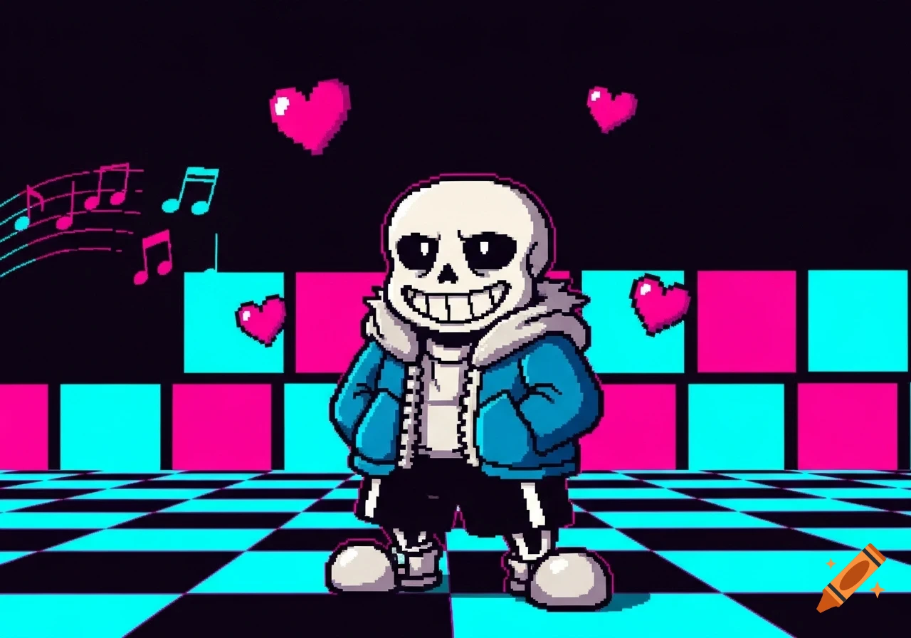 A pixel art rendering of Sans from Undertale, smiling, in a room with a black, pink, and cyan checkered pattern, with floating hearts and musical notes.