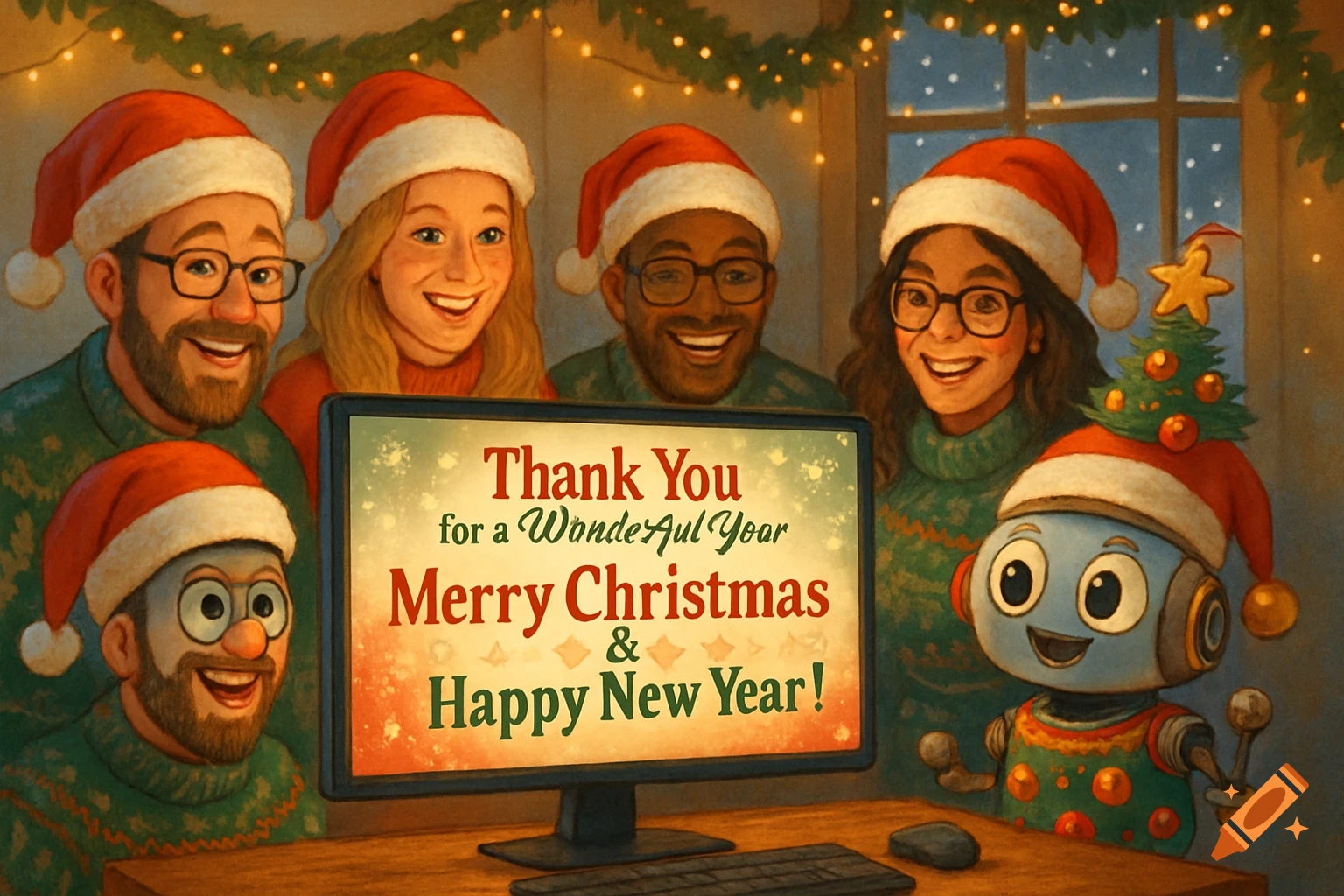 A diverse group of people and a small robot in Santa hats smile at a computer screen displaying 'Thank You for a WondeAUl Year Merry Christmas & Happy New Year!'