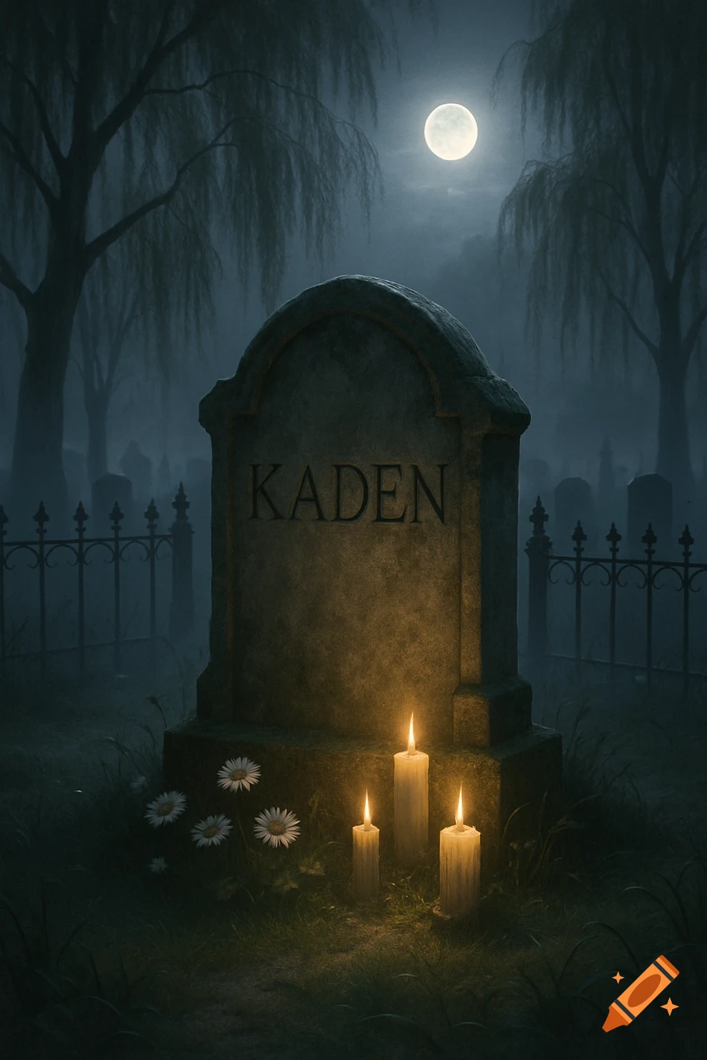 A misty, moonlit cemetery scene with a tombstone inscribed 'KADEN', surrounded by three lit candles and white daisies.