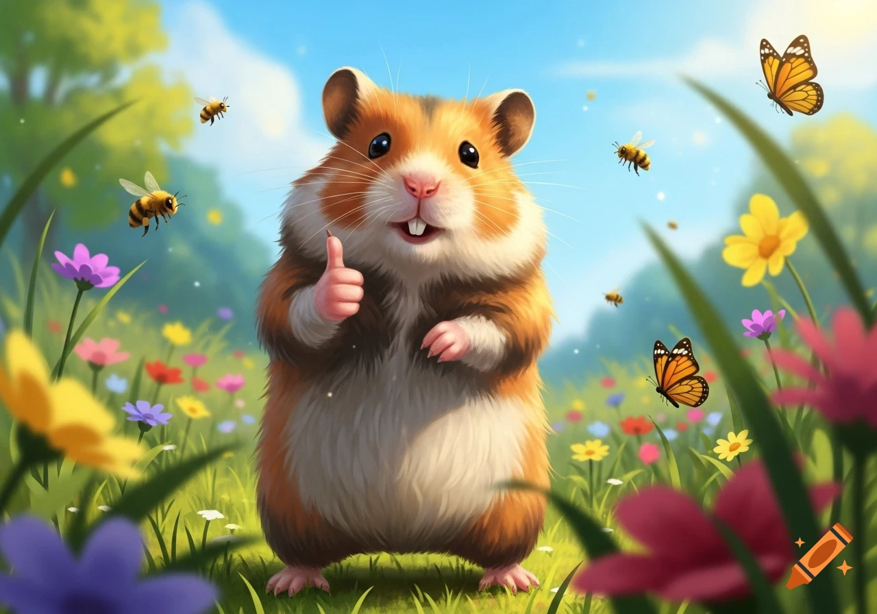 A cute, fluffy orange and white hamster stands in a vibrant flower field, giving a thumbs-up. Bees and butterflies fly around under a blue sky.