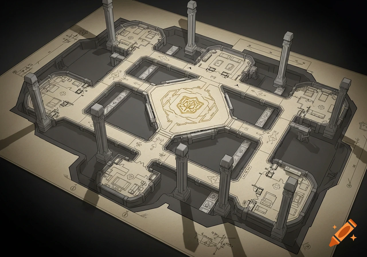 Detailed blueprint of an underground secret facility with multiple rooms, central marked area, and supporting pillars in a schematic style.
