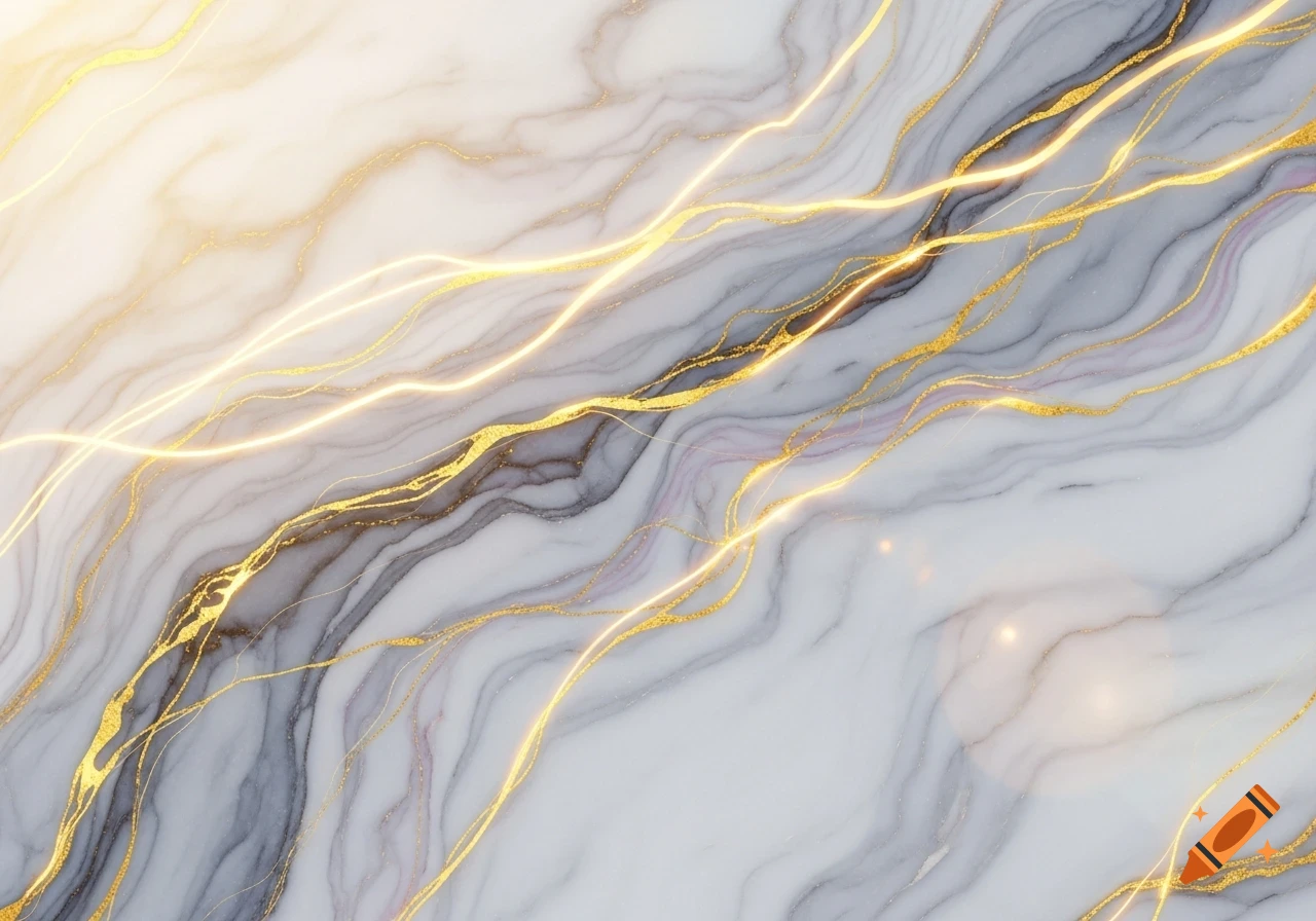 Abstract white and gray marble texture with flowing, glowing gold streaks and glitter.