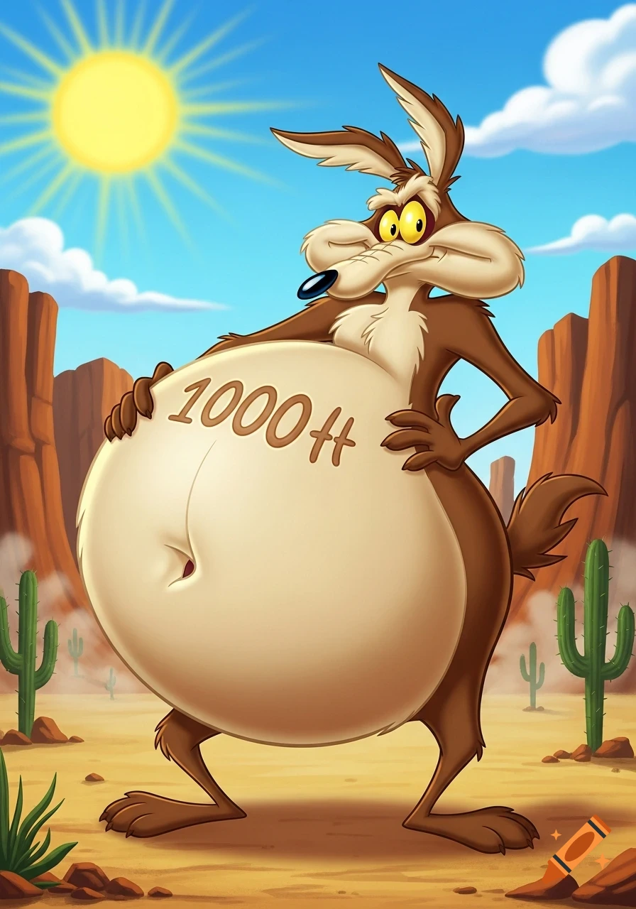 Wile E. Coyote in a desert, holding his massively inflated stomach with "1000 ft" written on it, looking wide-eyed and surprised.