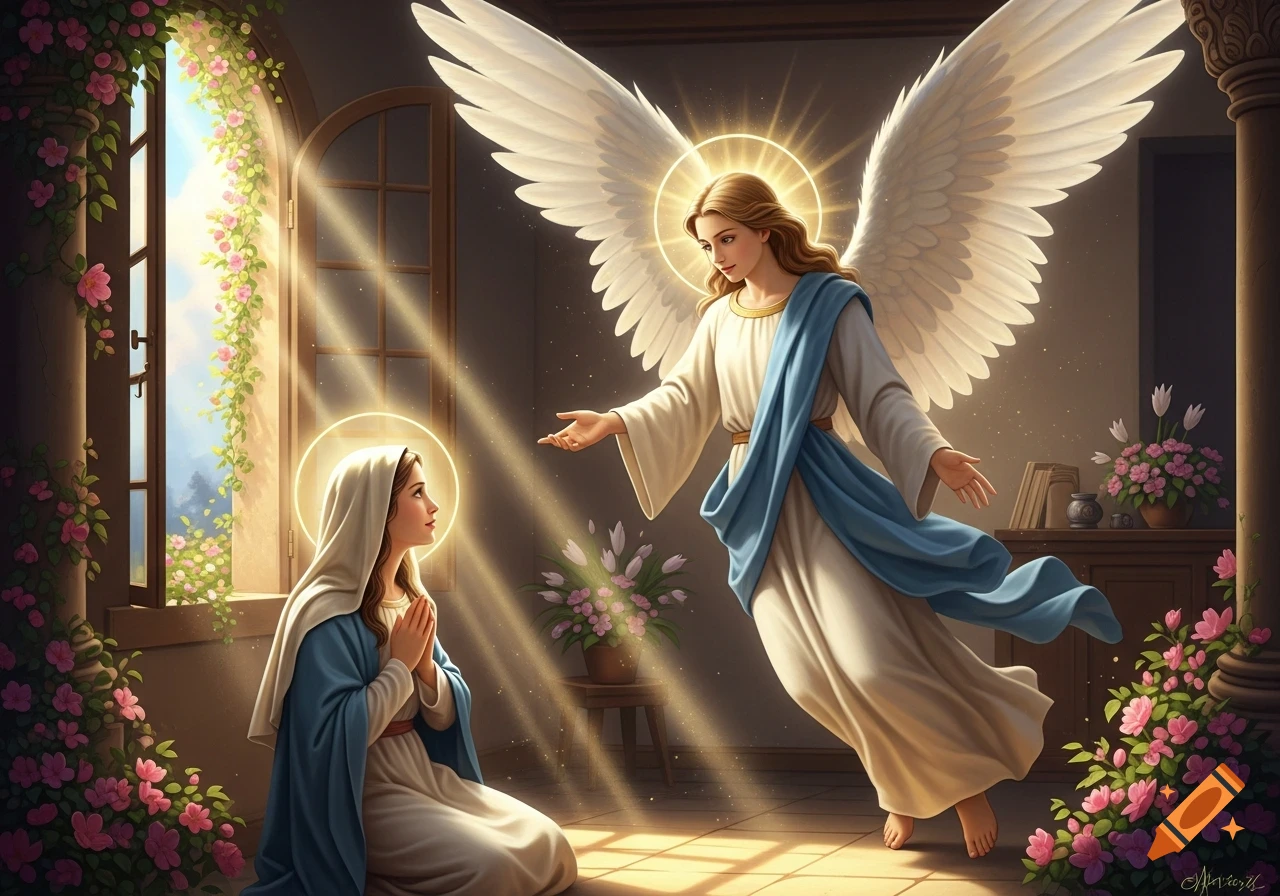 An angel with white wings and halo appears to a kneeling Mary in a sunlit room, surrounded by flowers. Detailed illustration.