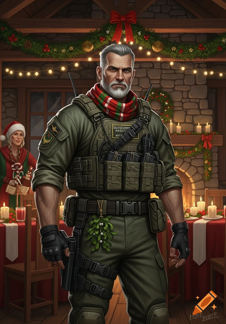 A grizzled commando soldier with a white beard and a Christmas scarf ...