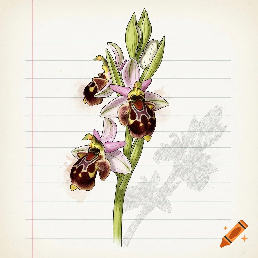 Botanical illustration of a bee orchid (Ophrys apifera) on lined notebook paper, with watercolor and sketch elements.