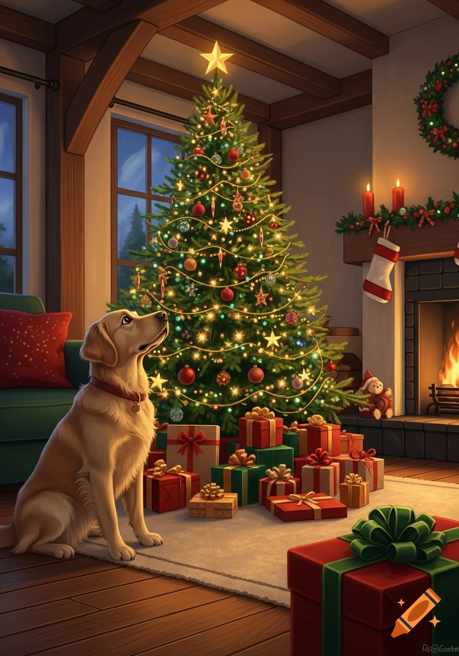 A golden retriever dog sits by a decorated Christmas tree and many presents in a cozy living room with a fireplace.