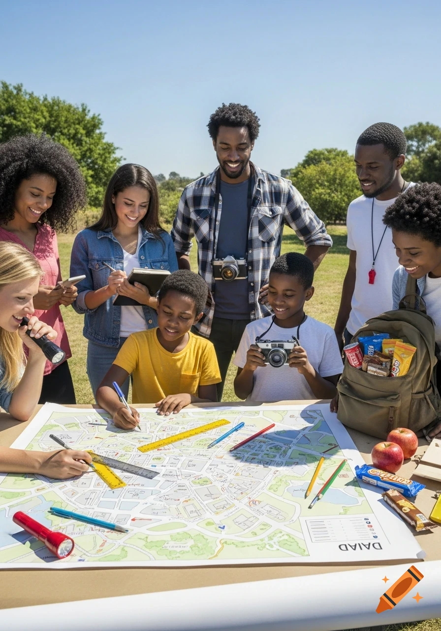 A diverse group of adults and children outdoors, gathered around a large map on a table, marking it with pencils and rulers, preparing for an adventure.