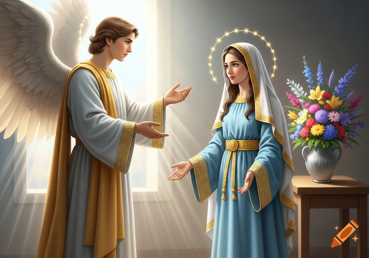Archangel Gabriel announces to Virgin Mary, both with halos, bathed in light beside a table with flowers.