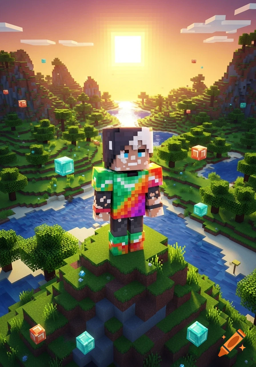 Minecraft character with vitiligo and rainbow shirt stands on a hill in a blocky, vibrant landscape at sunset.