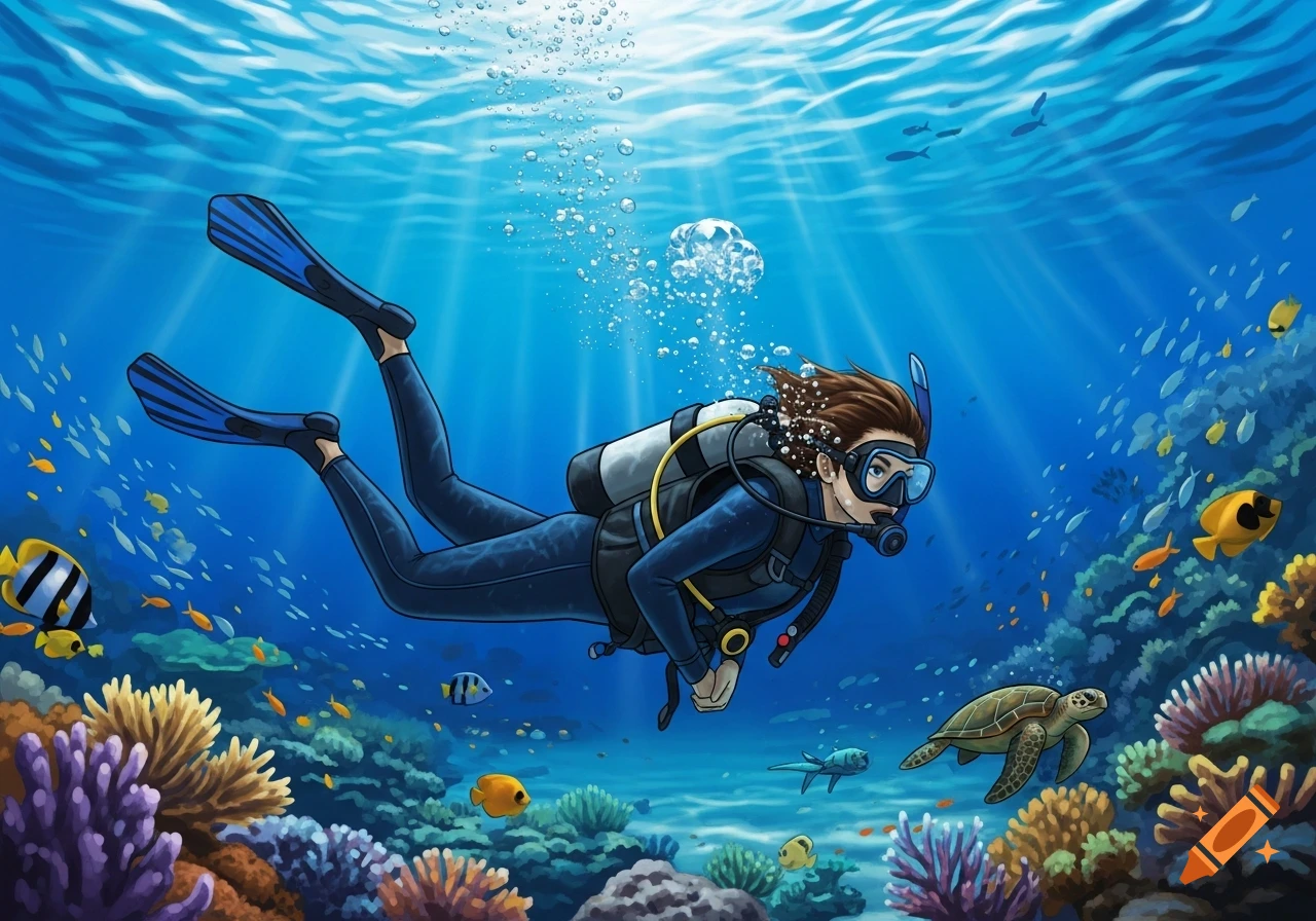 An animated illustration of a scuba diver exploring a vibrant coral reef with various colorful fish and a sea turtle.
