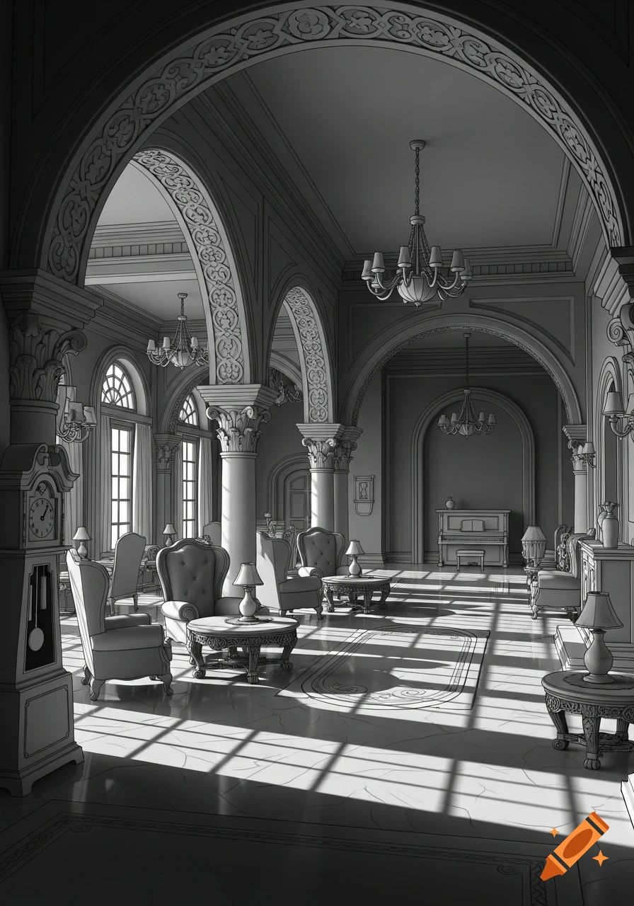 Black and white, cartoon-style grand villa interior with arches, columns, armchairs, and sunlit floors.