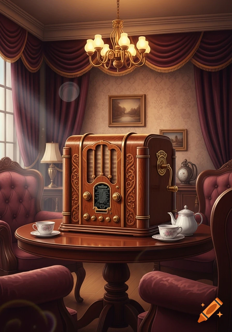 A grand, vintage wooden radio sits on a polished table in a richly decorated room with velvet curtains and elegant furniture.