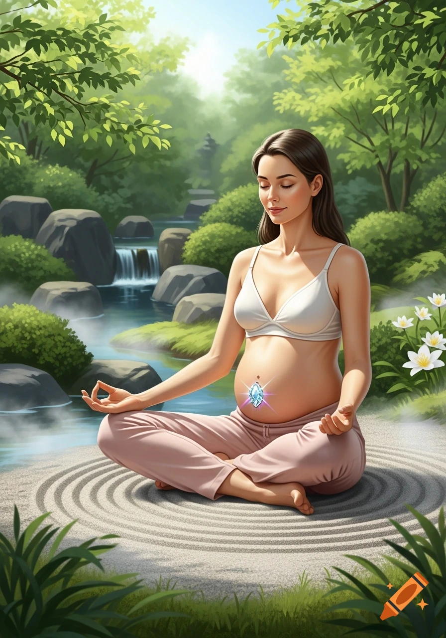 A pregnant woman meditates peacefully in a zen garden, wearing a white bra and pink pants, with a shiny gem on her belly button.