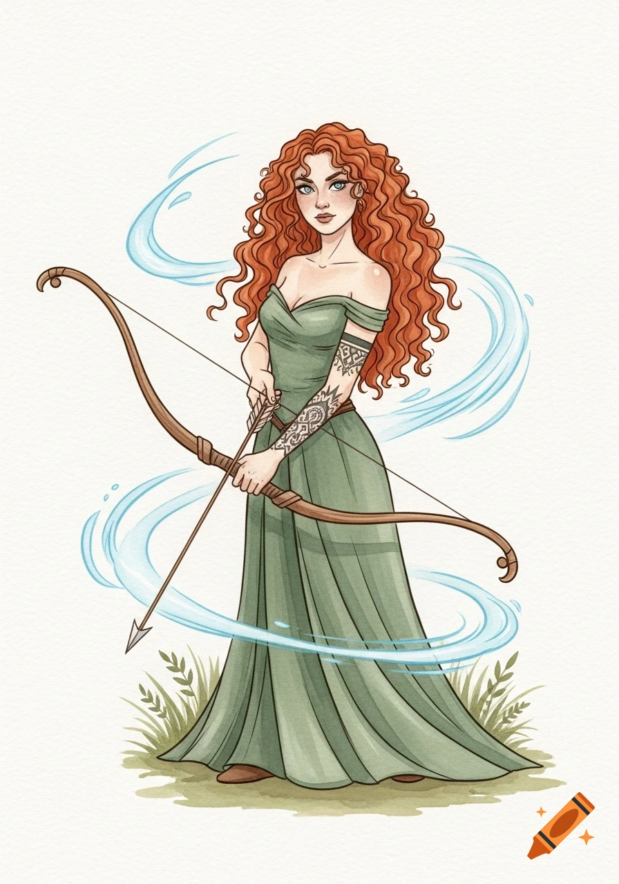 Watercolor illustration of a red-haired fantasy warrior woman in a green dress, holding a bow and arrow with blue magical energy.