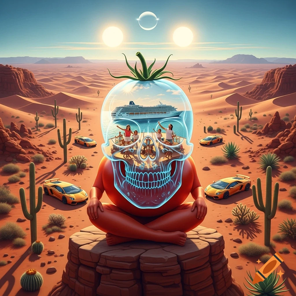 A surreal image of a tomato figure with a transparent skull, revealing a cruise ship with a family, in a desert with cacti and yellow sports cars under two suns.