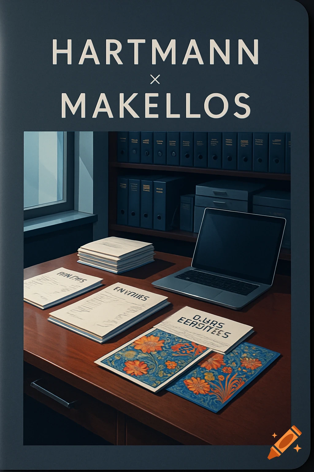 An office desk with stacks of documents, a laptop, and a bookshelf. A banner above reads "HARTMANN x MAKELLOS".