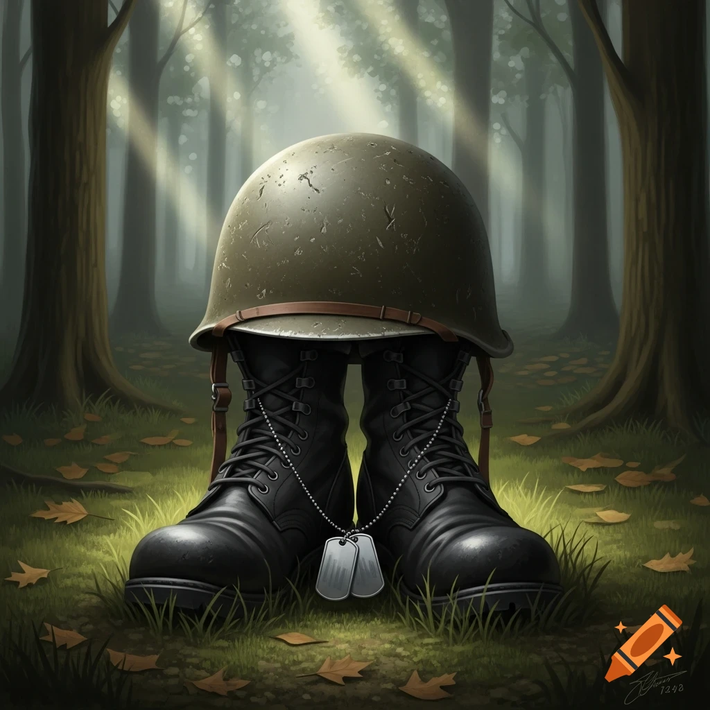 A worn military helmet rests on a pair of black boots with dog tags, set in a sunlit forest clearing.