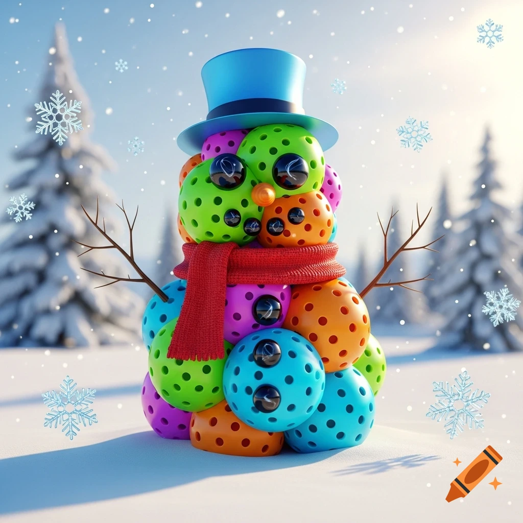 A colorful snowman made of perforated plastic balls with a blue top hat and red scarf, in a snowy winter landscape.