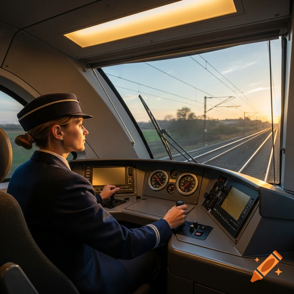 A woman in a train driver's uniform operates controls inside the cockpit of a TGV, with tracks visible at sunset.