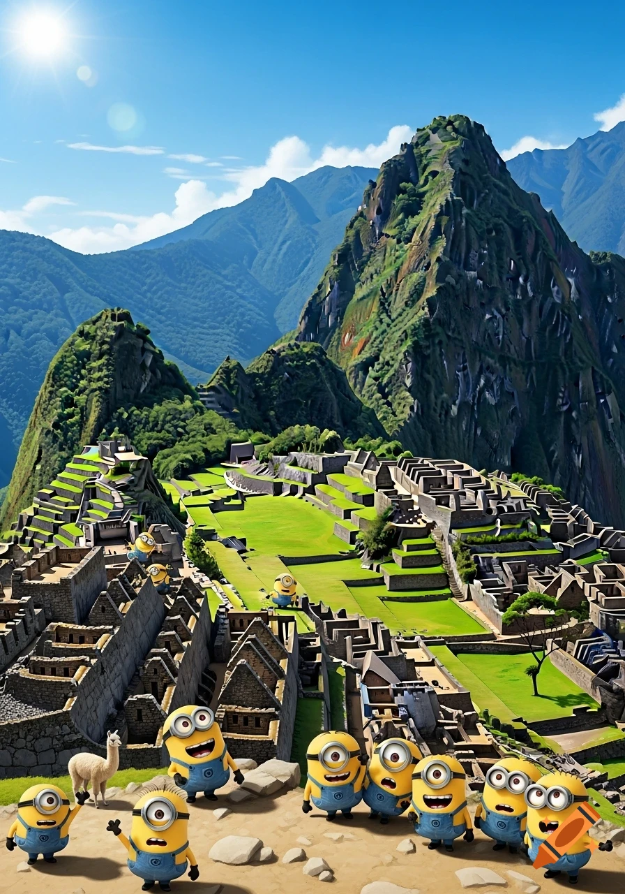 Cartoon Minions explore the ancient stone terraces and green fields of Machu Picchu, surrounded by majestic mountains under a sunny sky.