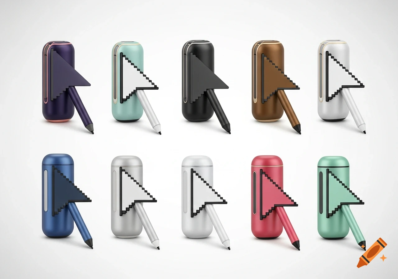 A grid of ten colorful stylus pens, each designed with a pixelated computer mouse cursor, on a white background.