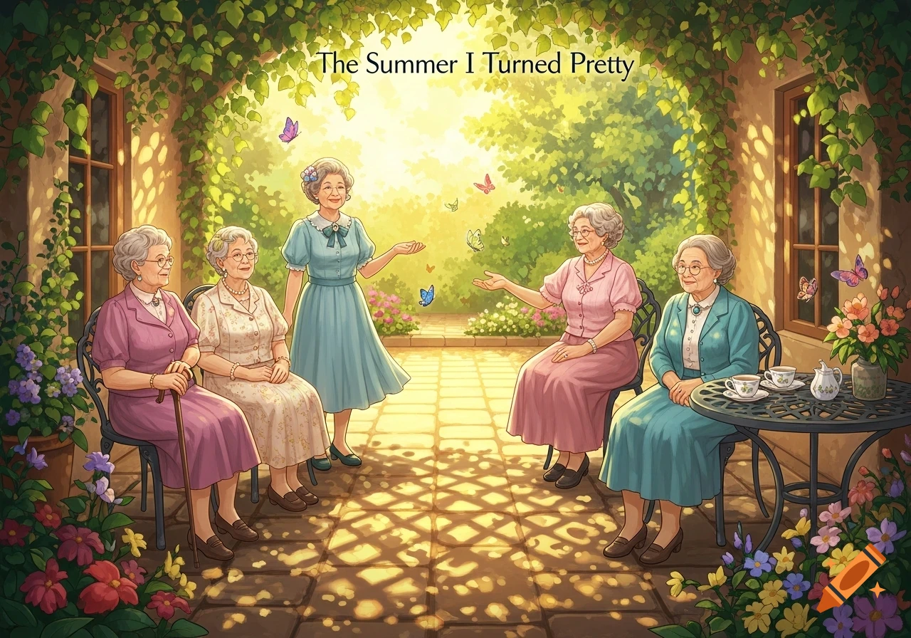 Illustration of five elderly women enjoying a tea party in a vibrant garden, with butterflies and the title "The Summer I Turned Pretty".
