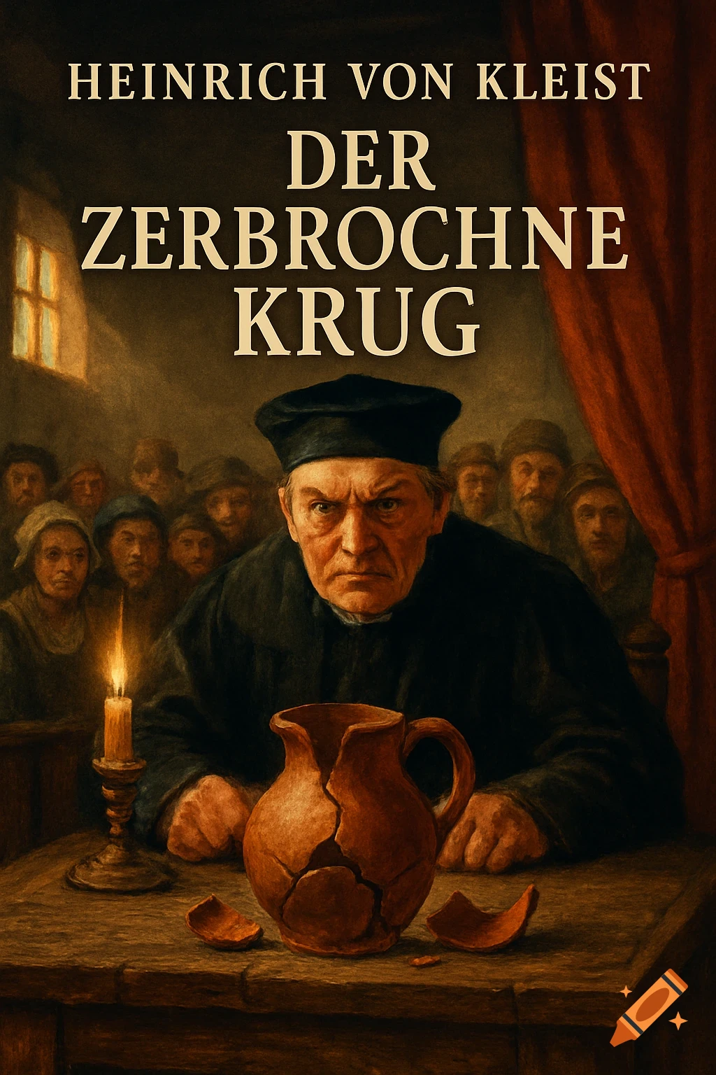 A stern man in a black robe sits at a table with a broken jug and candle, surrounded by people, in a painting style. Text: HEINRICH VON KLEIST DER ZERBROCHNE KRUG.