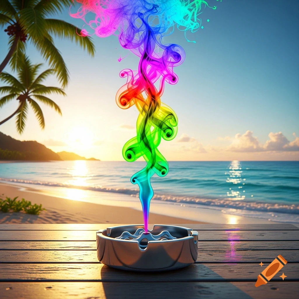 A vibrant rainbow smoke plume rises from an ashtray on a wooden table, set against a photorealistic beach sunset.