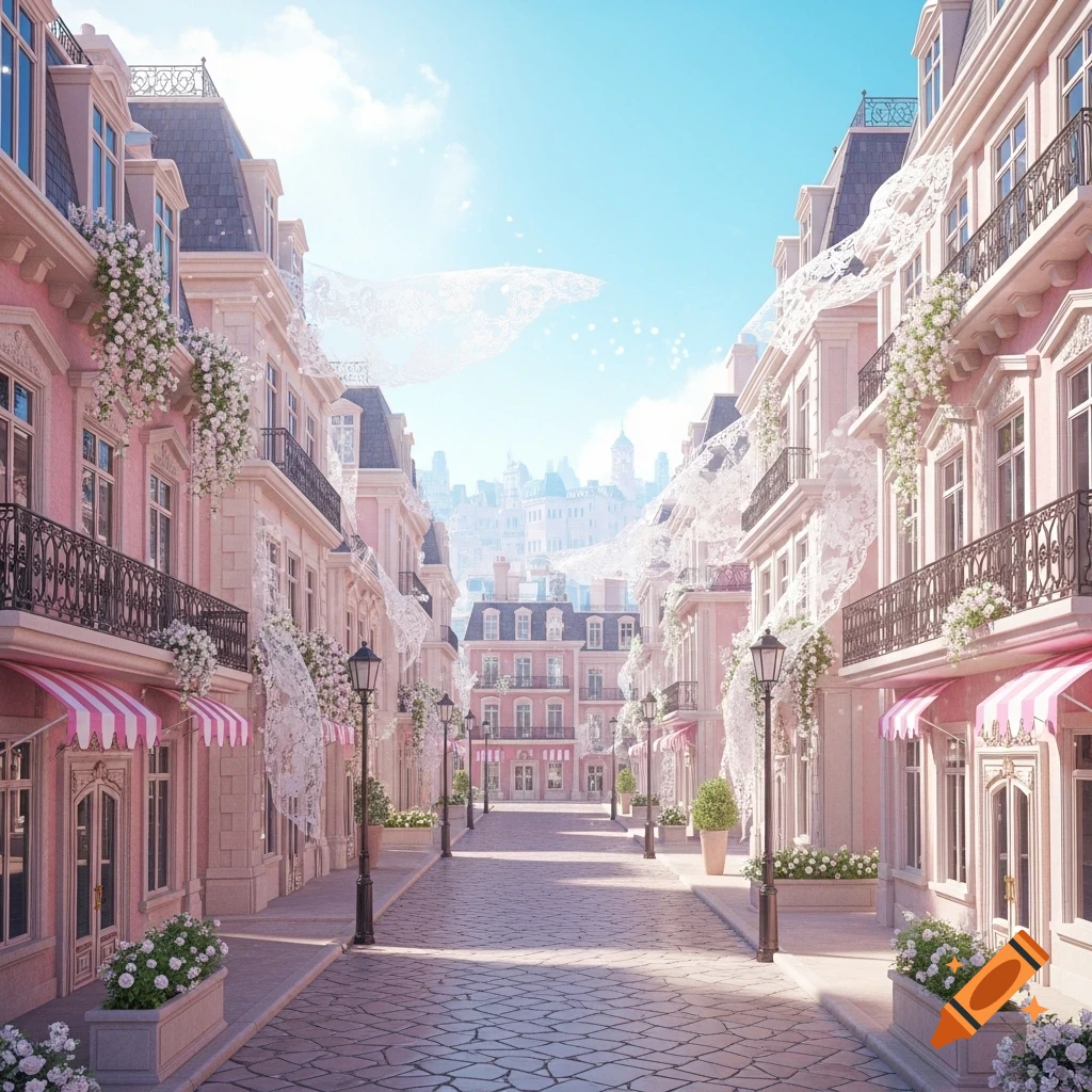 A pastel pink and white cityscape street with ornate buildings, white flowers, and lace-like decorations under a bright blue sky, evoking a dreamy, fairytale aesthetic.