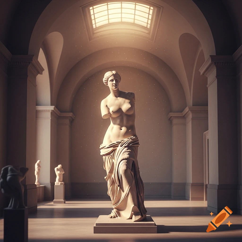 A classical marble statue of Venus de Milo stands in a museum hall, lit by a skylight.