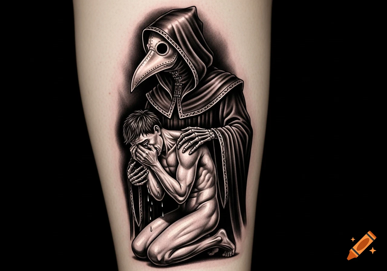 Black and grey tattoo of a kneeling man crying with a plague doctor figure standing behind him, hand on his shoulder.