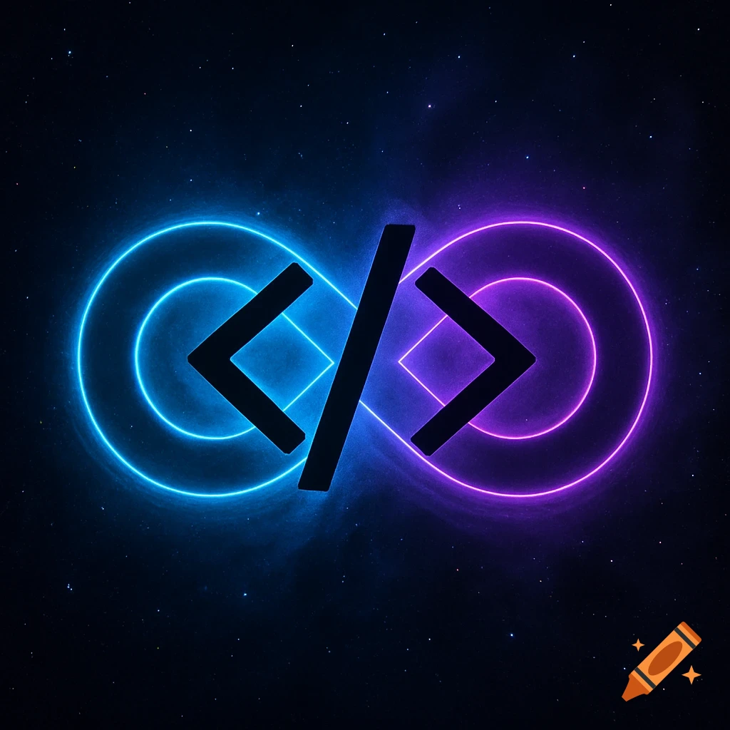 Neon blue and purple infinity symbol with black coding symbols (< />) over a starry dark background.