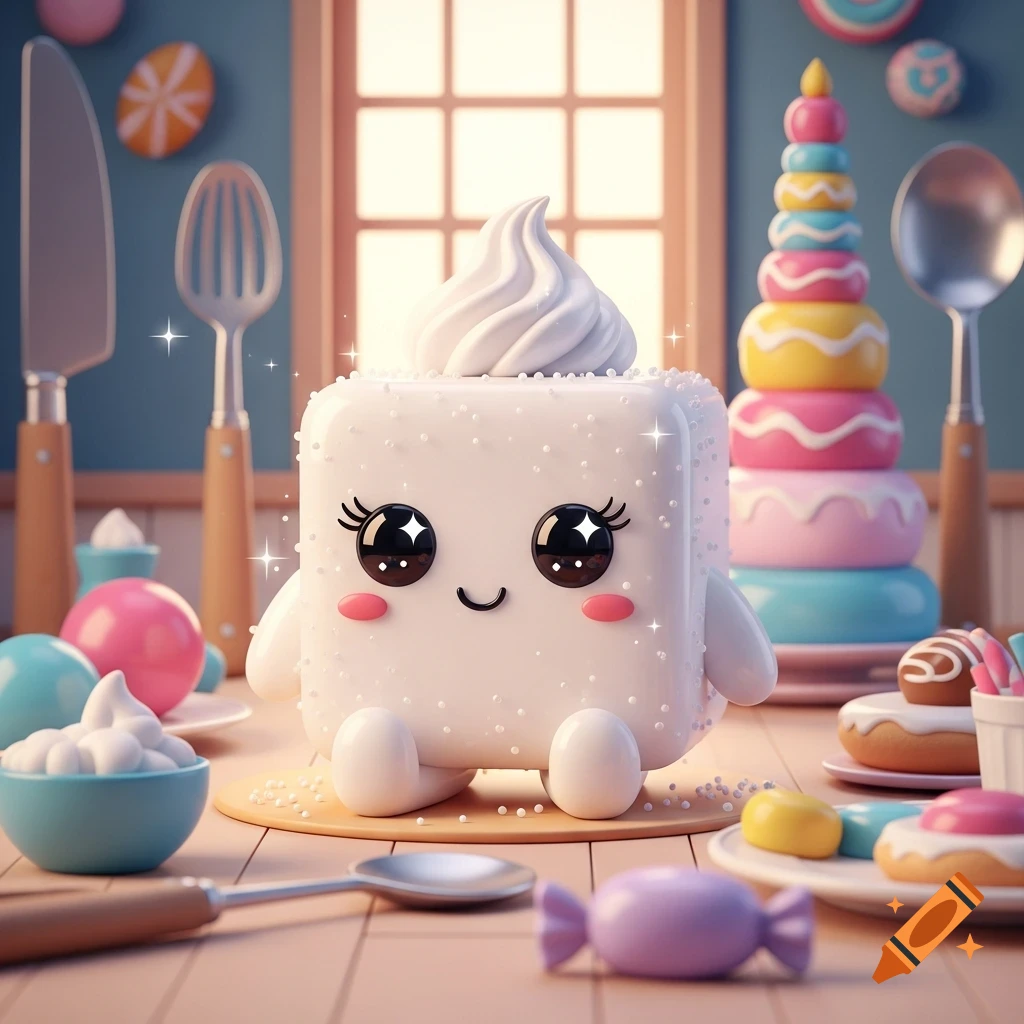 Cute 3D marshmallow character with sparkly eyes, sitting on a kitchen table surrounded by colorful candies, cakes, and baking utensils.